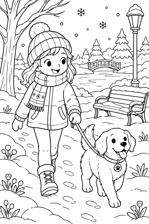 A child walking a dog through snow in a park coloring page