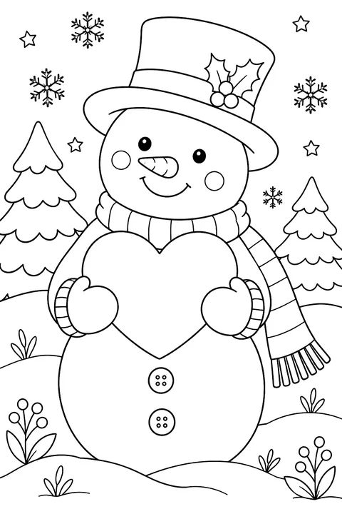 A snowman holding a big heart coloring page