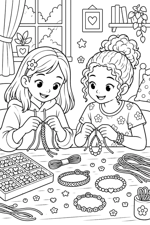 Two kids making friendship bracelets at a table coloring page