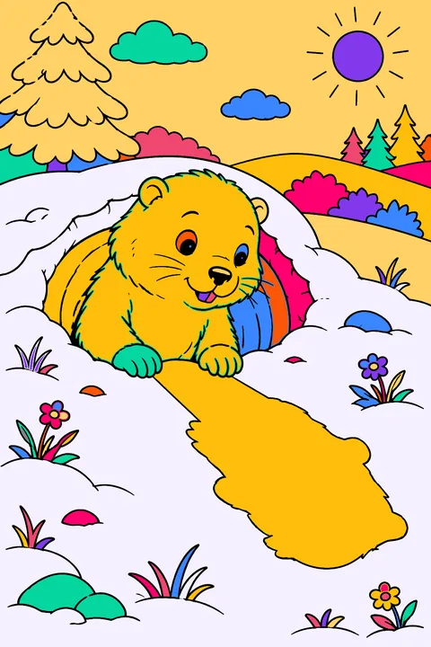 A groundhog peeking out of its burrow looking at its shadow in the snow coloring page