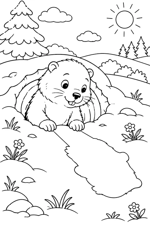 A groundhog peeking out of its burrow looking at its shadow in the snow coloring page