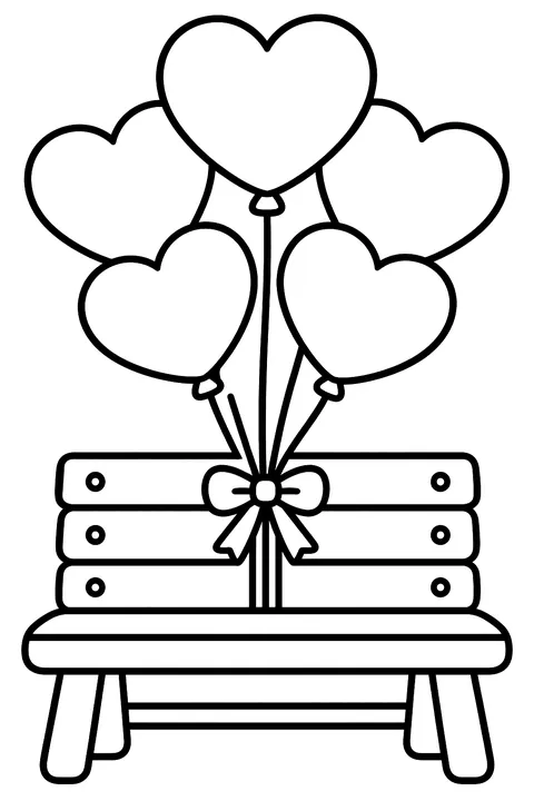 A bunch of heart balloons tied to a bench coloring page
