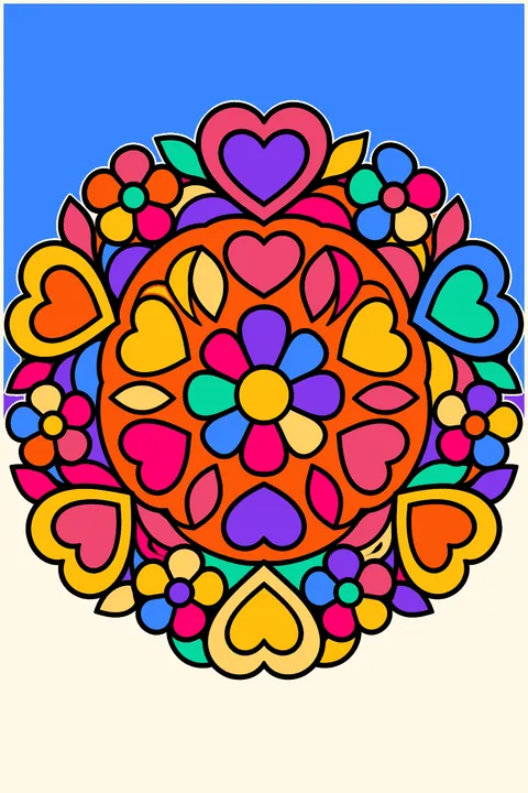 A round mandala of hearts and flowers with bold closed shapes coloring page