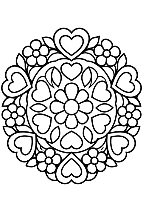 A round mandala of hearts and flowers with bold closed shapes coloring page