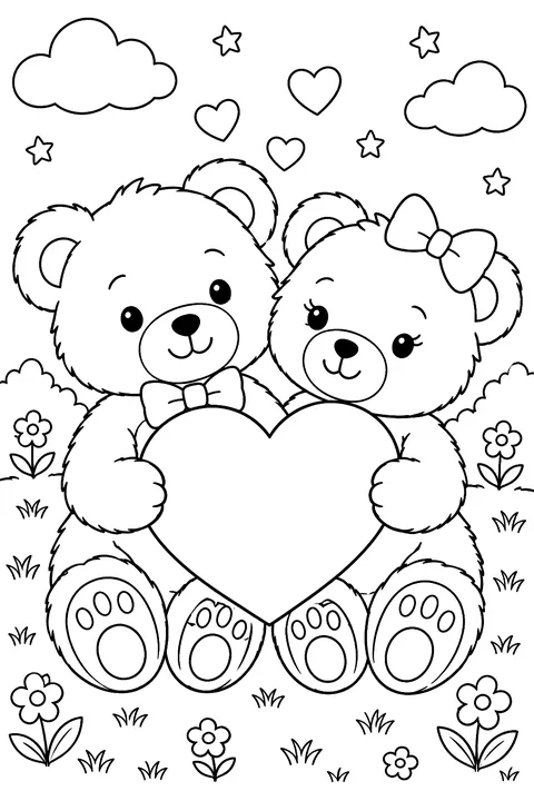 Two teddy bears holding a big heart coloring page