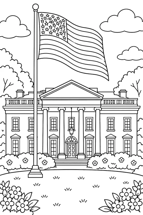 An American flag waving over a stately white building with columns coloring page