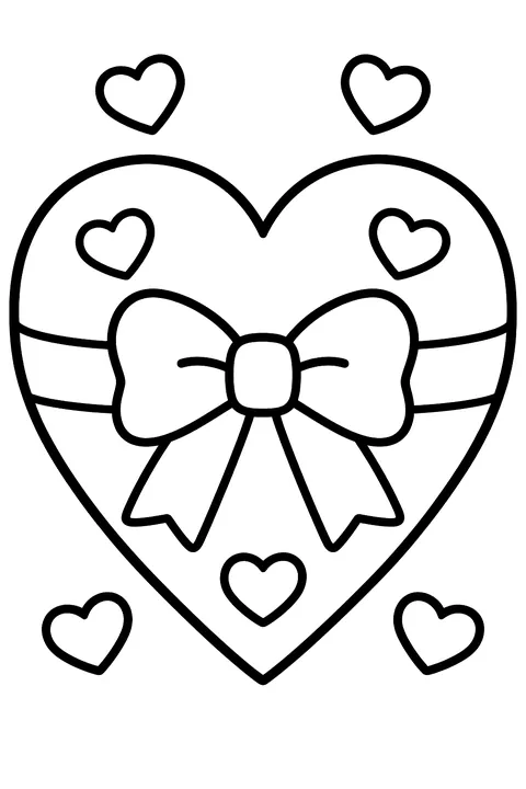 A big heart-shaped card with a bow and small hearts coloring page
