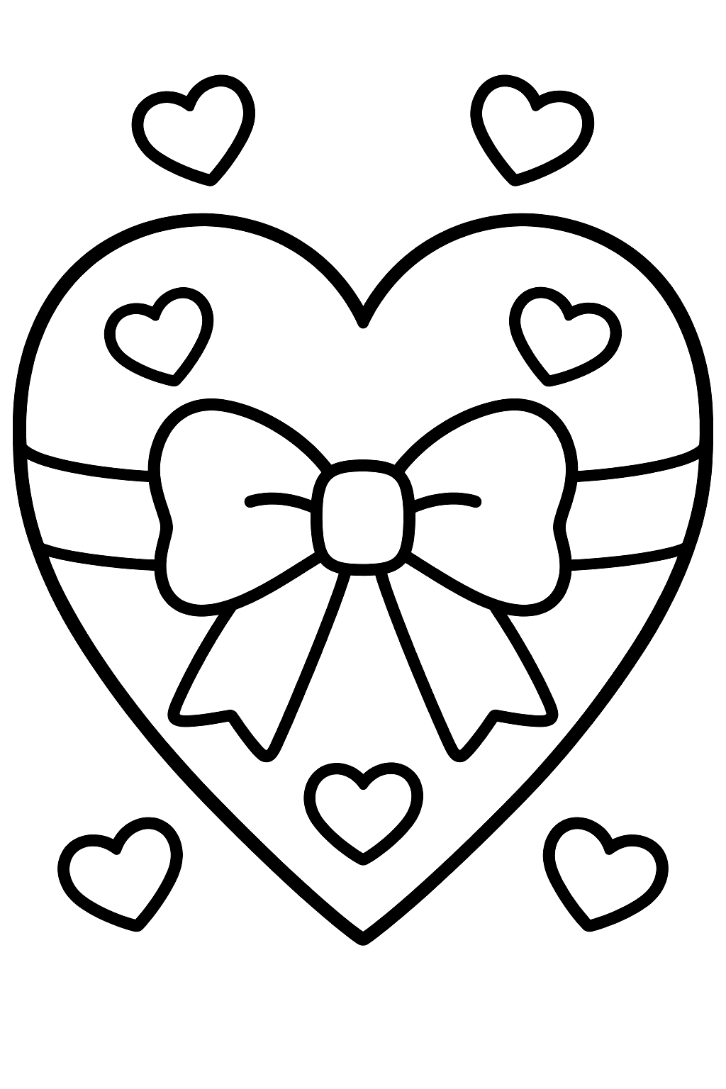 A big heart-shaped card with a bow and small hearts coloring page