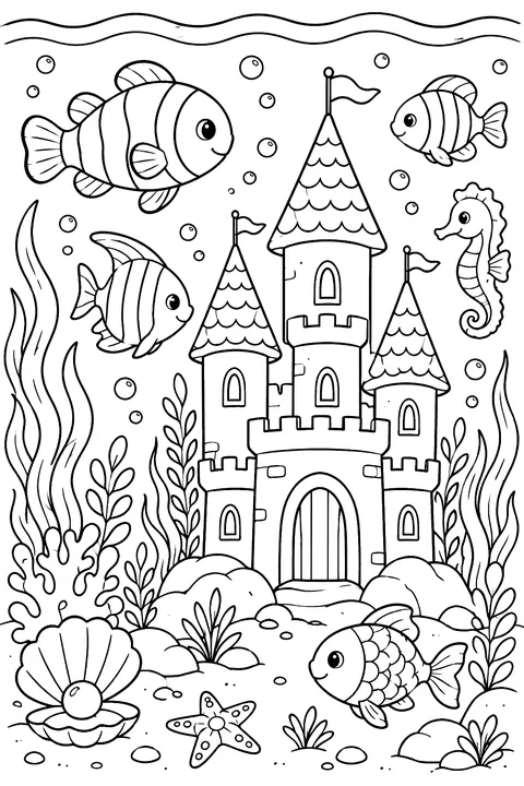 Aquarium with fish and a castle coloring page