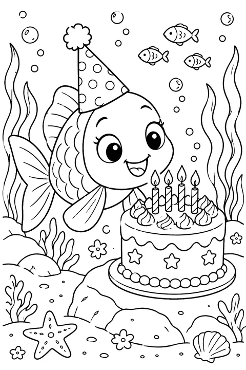 Fish with a birthday cake coloring page