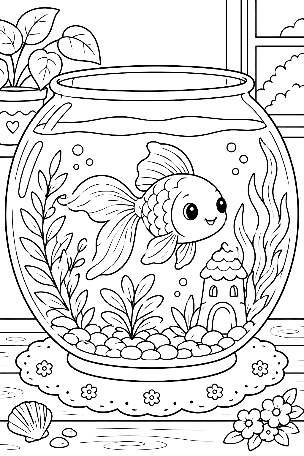 Goldfish in a fishbowl with plants coloring page
