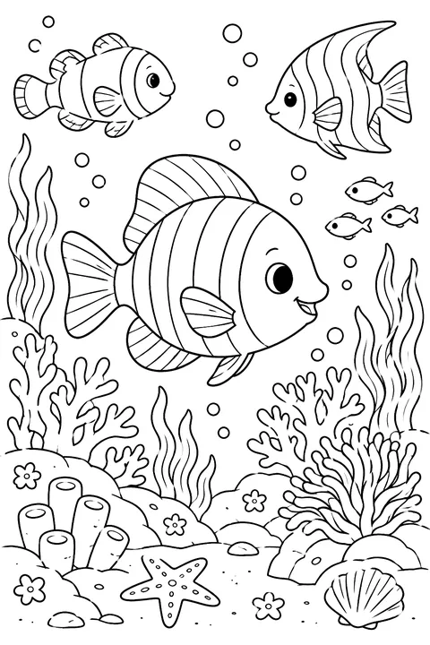 Fish swimming in a coral reef coloring page