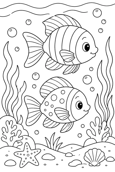 Two fish swimming together coloring page