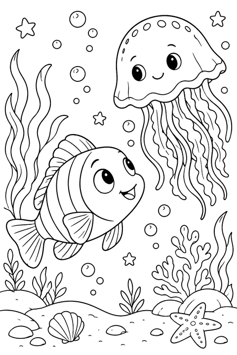 Fish with a jellyfish coloring page