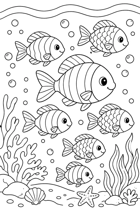School of fish swimming together coloring page