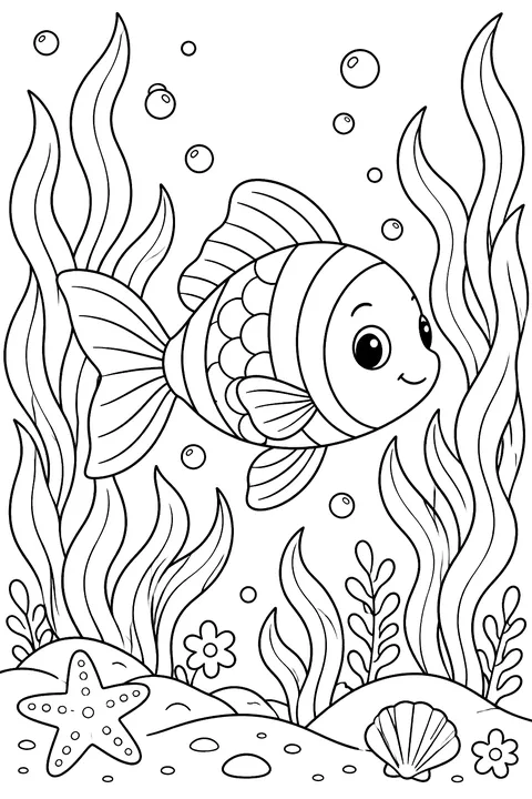 Fish among seaweed coloring page