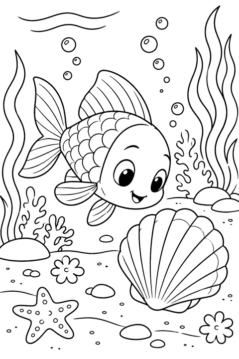 Fish near a shell coloring page
