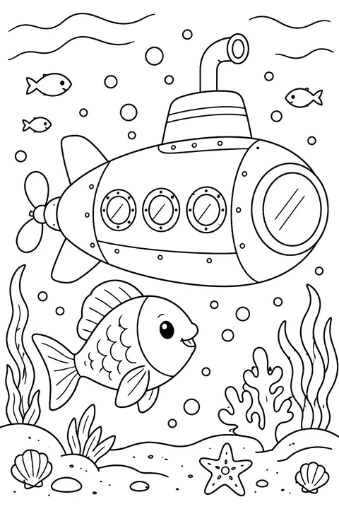 Fish near a submarine coloring page