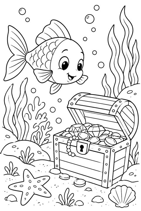 Fish near a treasure chest coloring page
