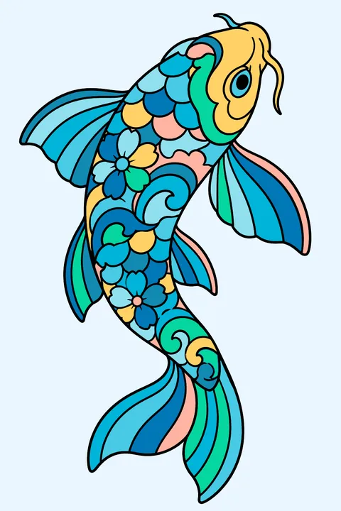 Ornate koi fish with intricate patterns coloring page