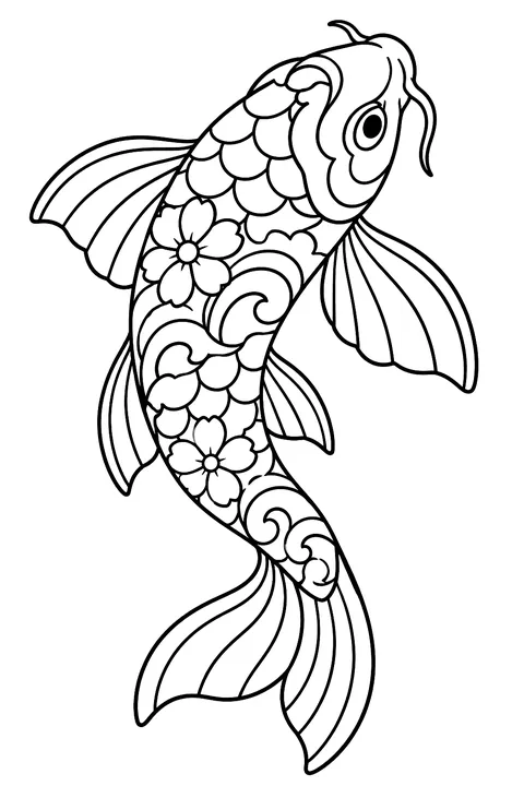 Ornate koi fish with intricate patterns coloring page