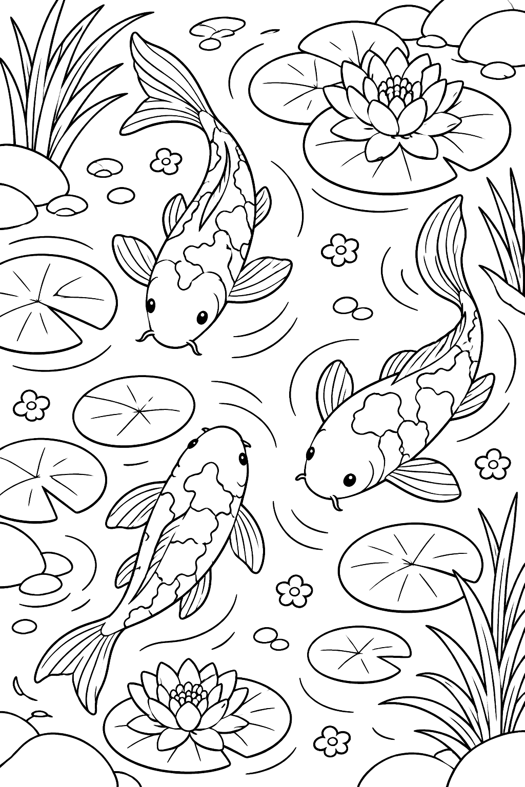 Koi fish in a pond with lily pads coloring page