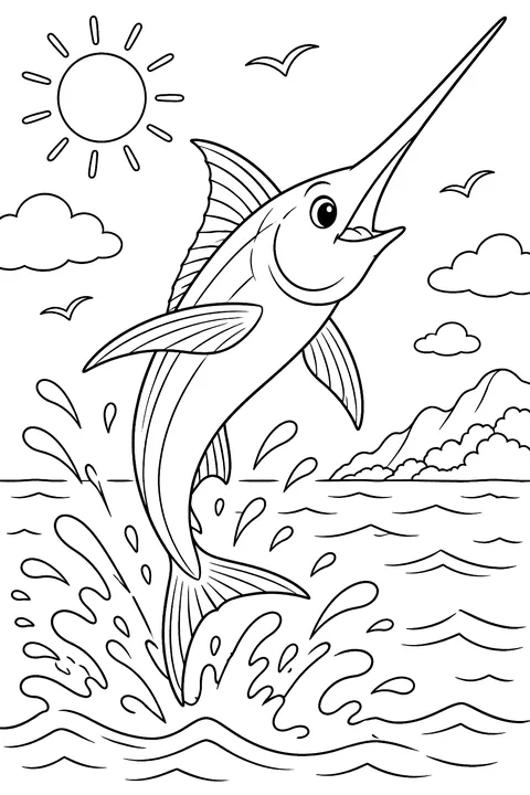 Swordfish jumping out of the water coloring page