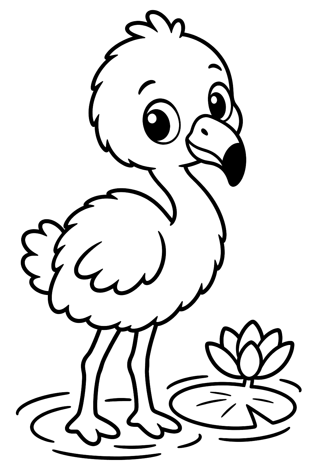 Fluffy baby flamingo in shallow water beside a lily pad coloring page