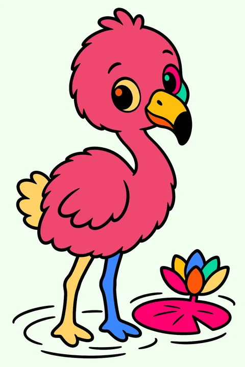 Fluffy baby flamingo in shallow water beside a lily pad coloring page