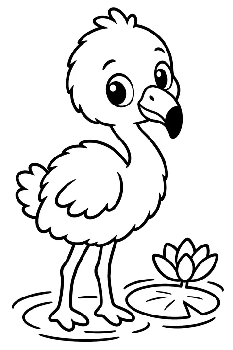 Fluffy baby flamingo in shallow water beside a lily pad coloring page