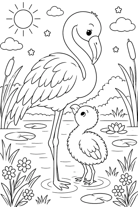 Flamingo with a fluffy baby coloring page