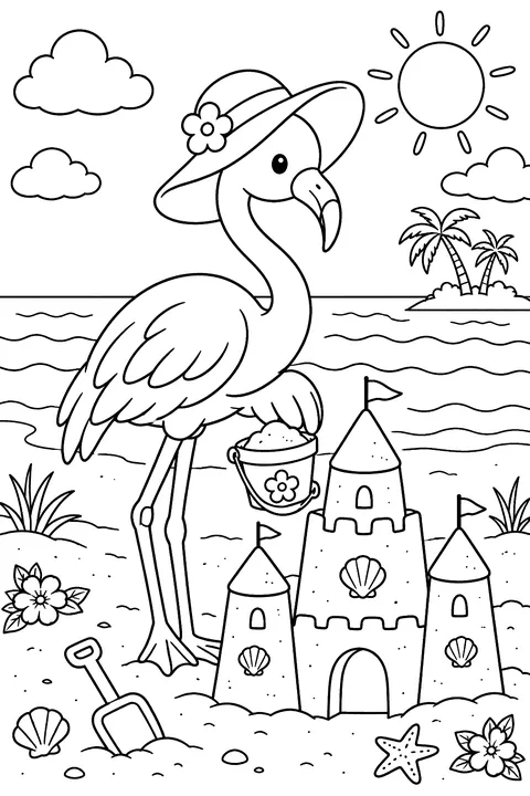 Flamingo on a beach with a sandcastle coloring page