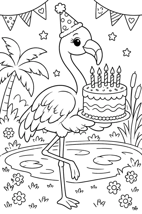 Flamingo with a birthday cake coloring page
