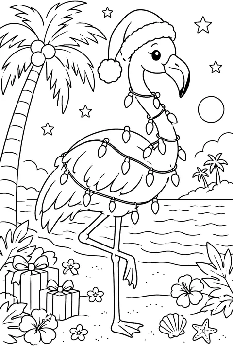 Flamingo in a Santa hat with Christmas lights coloring page