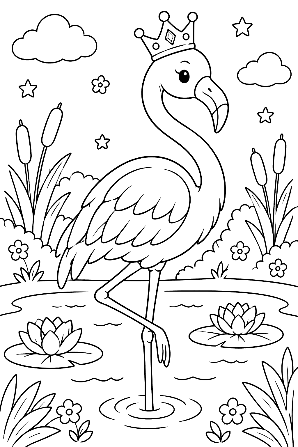 Flamingo wearing a crown coloring page