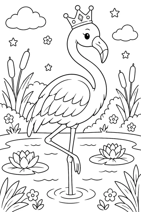 Flamingo wearing a crown coloring page