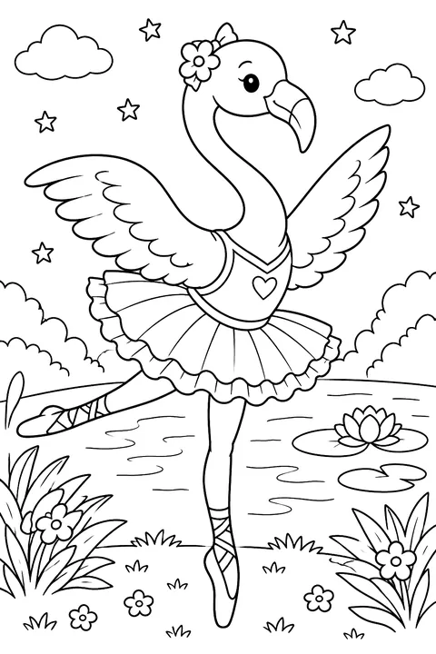 Flamingo dancing in a tutu coloring page