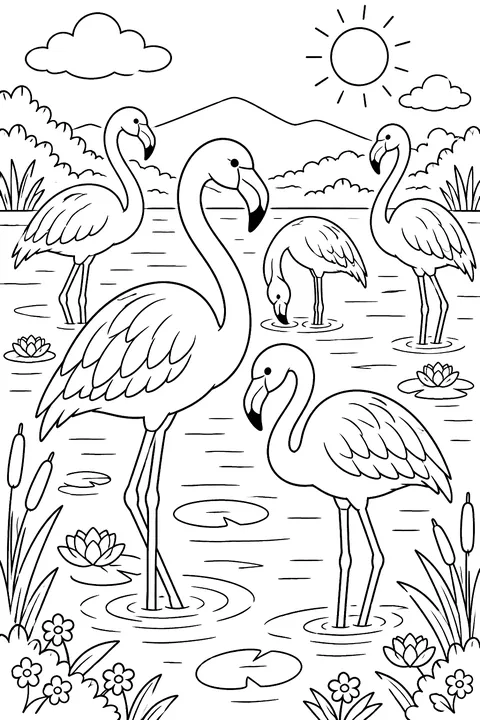 Flock of flamingos in a lake coloring page