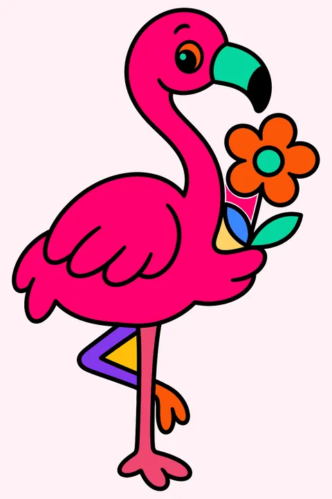 Flamingo with a flower coloring page