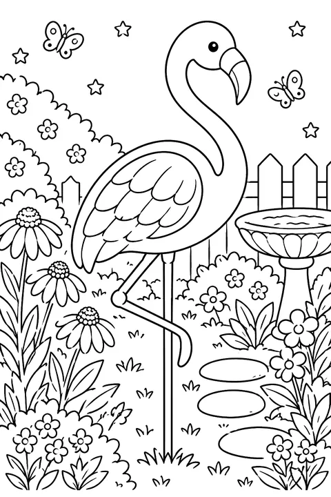 Flamingo garden ornament in a flower garden coloring page