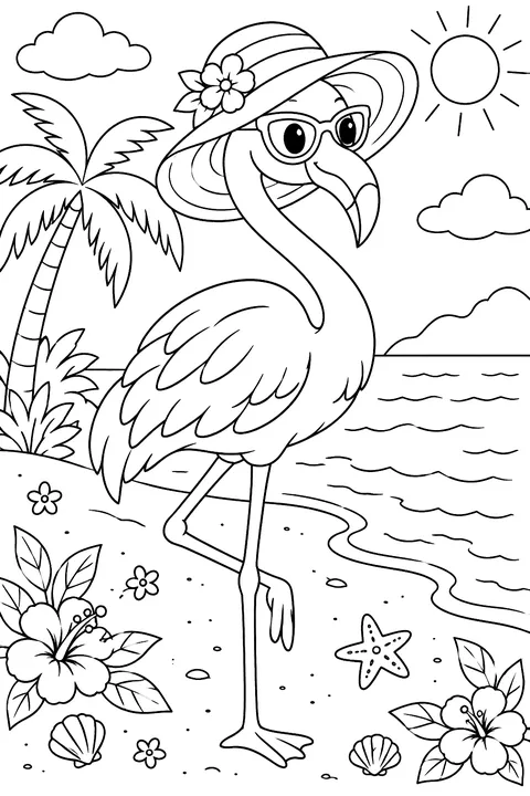 Flamingo wearing a sun hat and sunglasses coloring page