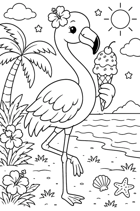 Flamingo holding an ice cream cone coloring page
