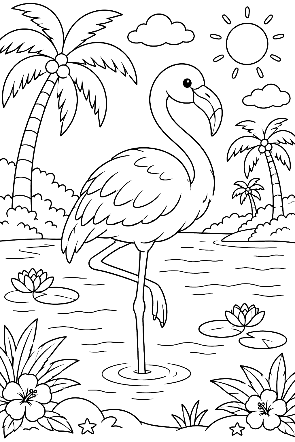 Flamingo standing on one leg in a lagoon with palm trees coloring page