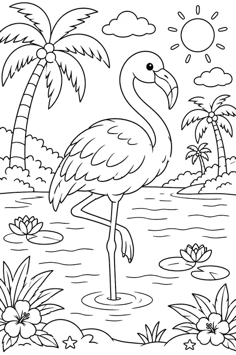Flamingo standing on one leg in a lagoon with palm trees coloring page