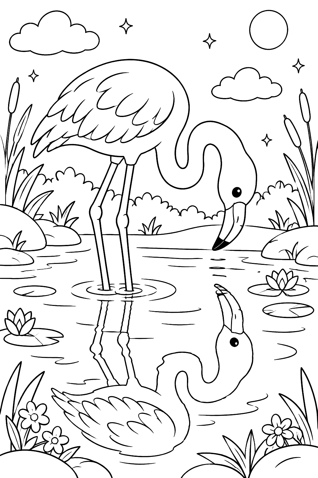 Flamingo looking at its reflection in the water coloring page