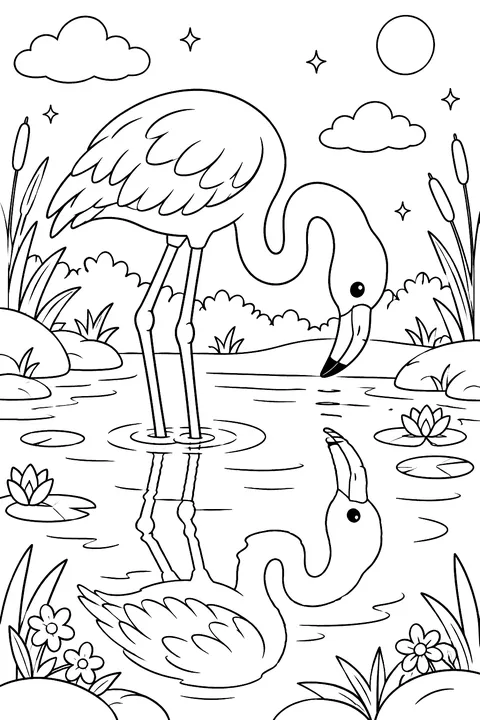 Flamingo looking at its reflection in the water coloring page