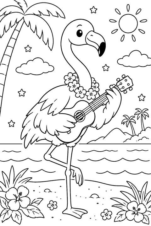 Flamingo playing a ukulele coloring page