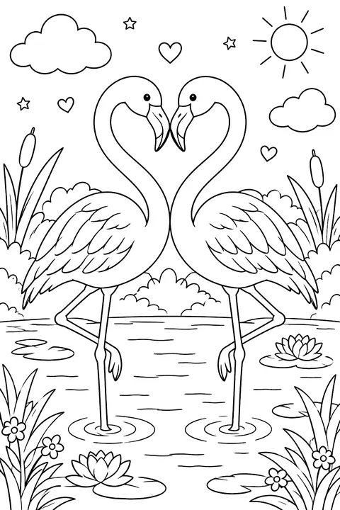 Two flamingos making a heart with their necks coloring page