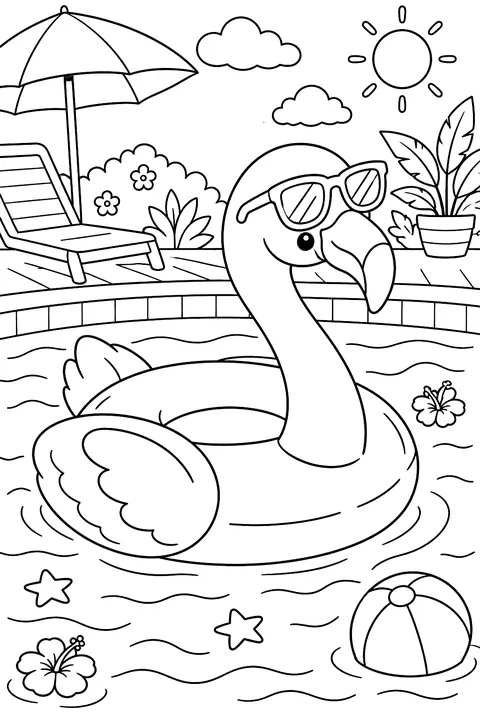 Flamingo pool float with sunglasses in a swimming pool coloring page