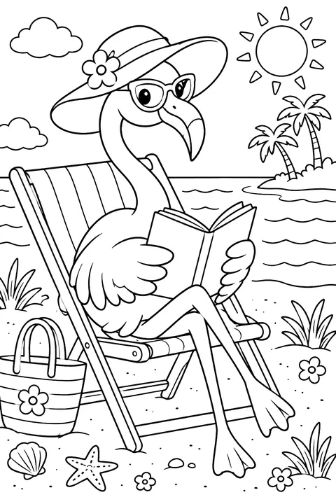 Flamingo reading a book on a beach chair coloring page